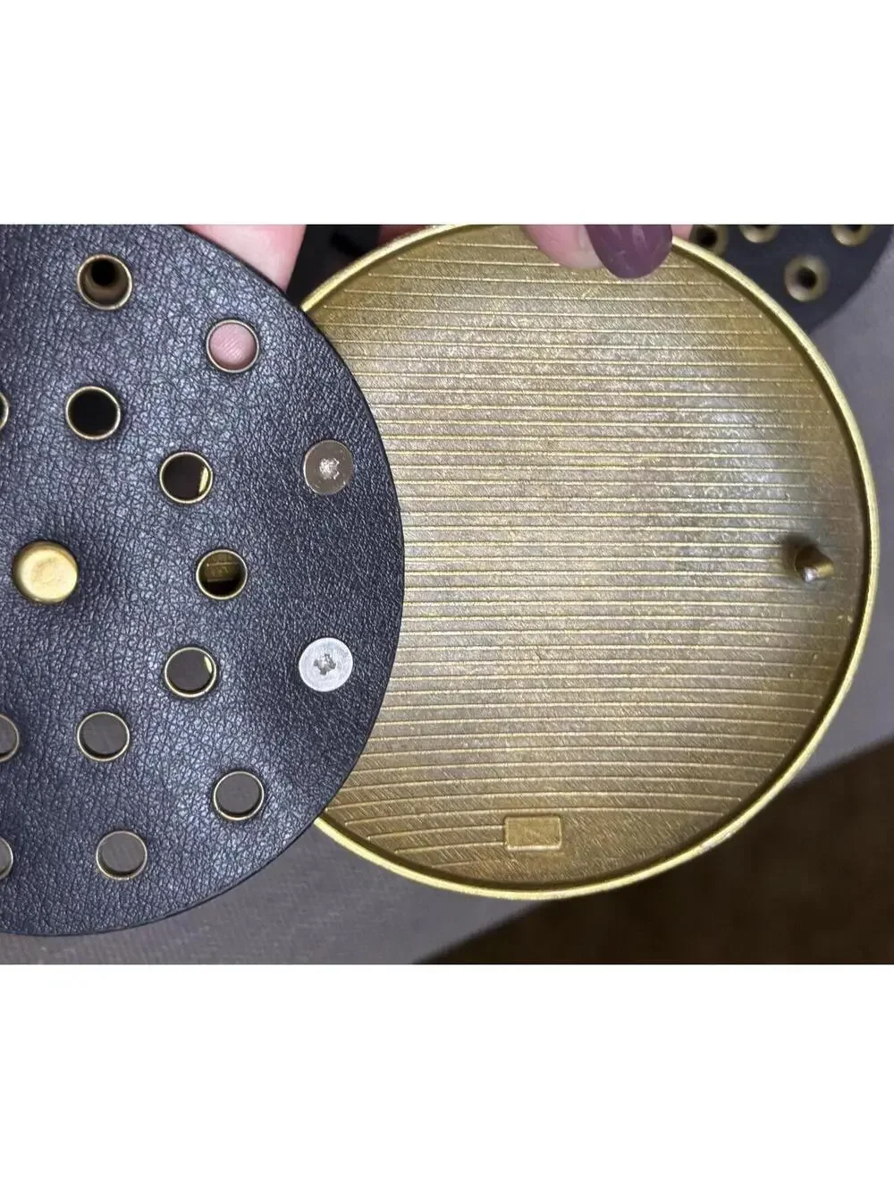 Vintage Y2K Statement Belt Black Disc + Brass Buckle and Grommet L/XL Hip Belt